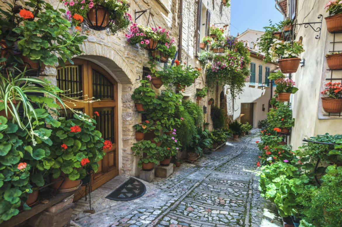 tipico vicolo di un borgo italiano con palazzi in pietra e vasi di fiori alle finestre